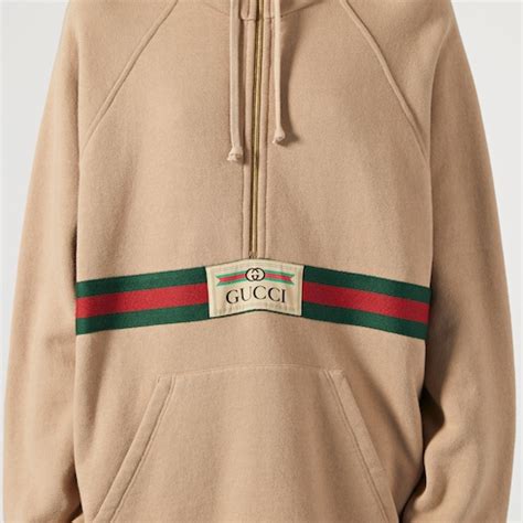 Sweatshirt With Web & Gucci Label In Beige